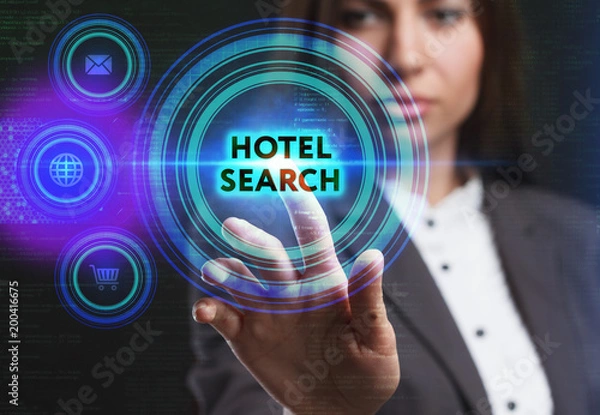 Fototapeta The concept of business, technology, the Internet and the network. A young entrepreneur working on a virtual screen of the future and sees the inscription: Hotel search