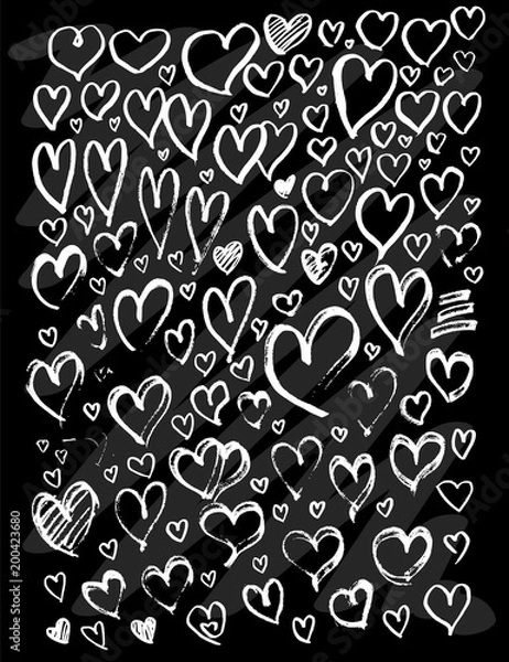 Fototapeta Set of vector doodle drawing Collection Heart white line on black background eps10