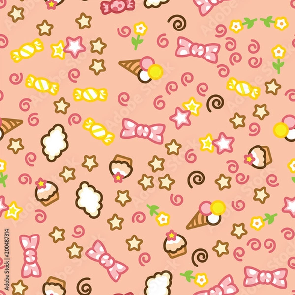 Fototapeta Multicolored candy, ice cream, cake, star, flower and cloud doodle pattern.