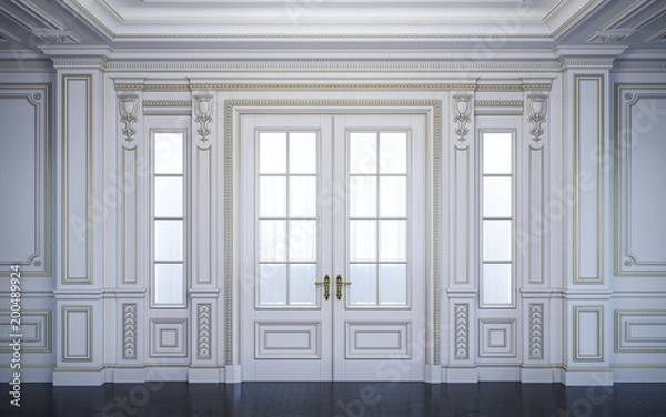 Obraz White wall panels in classical style with gilding. 3d rendering