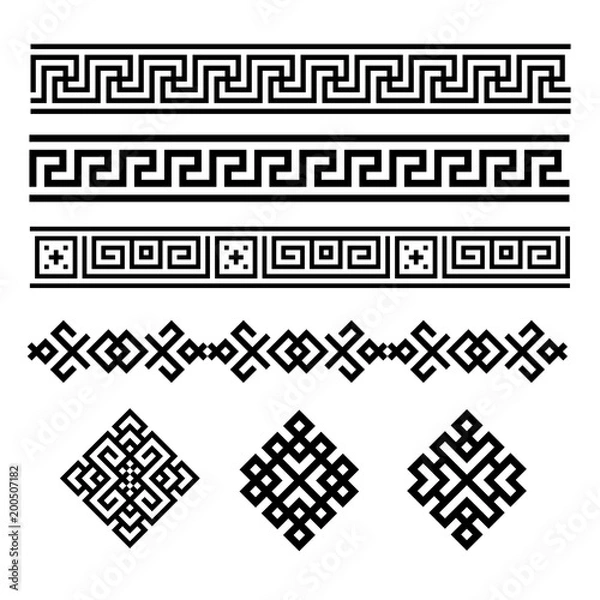 Obraz A set of black and white geometric designs. Signs and borders. Vector illustration