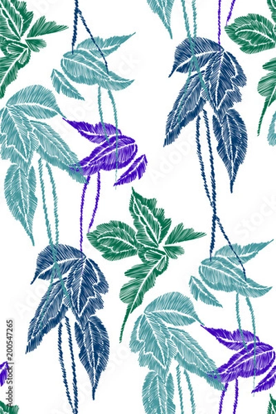 Fototapeta Tropical leaves seamless background pattern. Vector illustration hand drawn. Embroidery design.