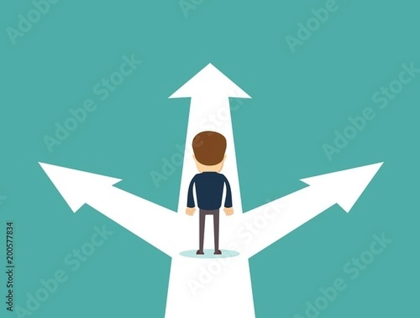 Obraz Business decision concept vector illustration. Businessman standing on the crossroads with three arrows and directions. Stock flat vector illustration.