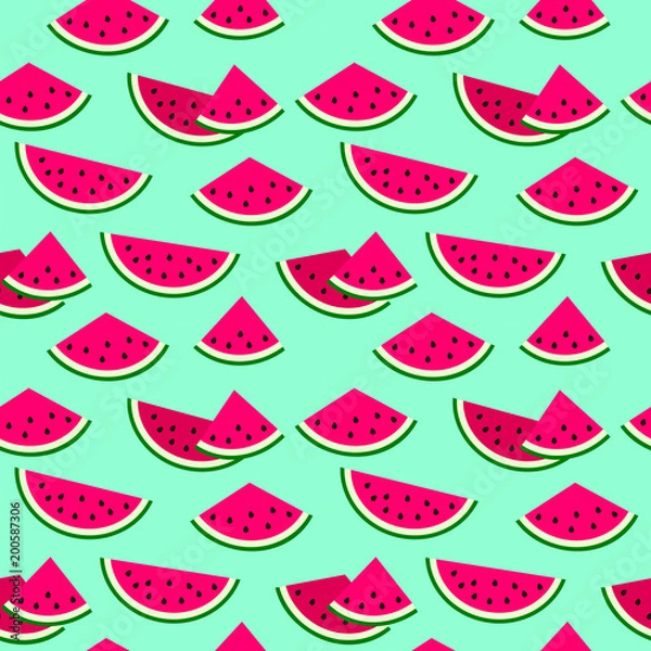 Fototapeta cute colorful watermelon on blue summer seamless vector background