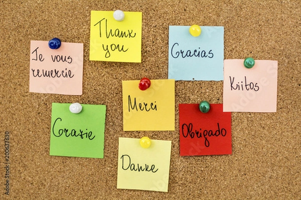 Fototapeta Thank You Word Cloud in Different Languages on a Cork Board Background