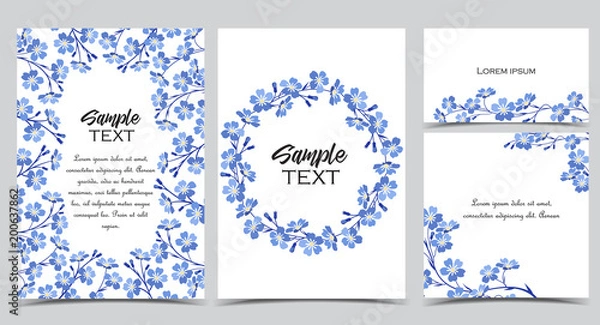 Fototapeta Vector illustration blue flowers on background. Branch of blue forget-me-not flowers. Set of greeting cards