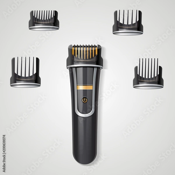 Fototapeta Beard and hair clipper with attachments realistic 3d vector illustration
