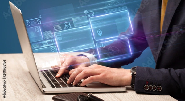 Fototapeta Hand typing on laptop with online accounting system concept
