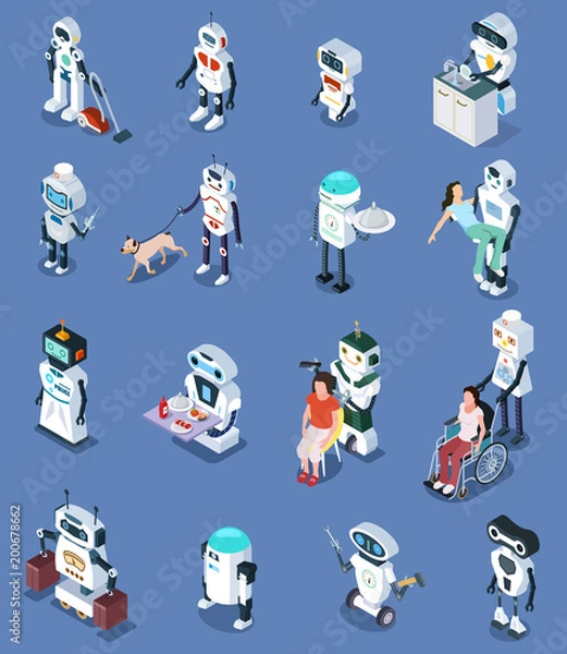 Fototapeta Set of Robot isometric isolated on white background. Robots assistant doctor, locksmith, rescuer, waiter, cook. Vector illustration