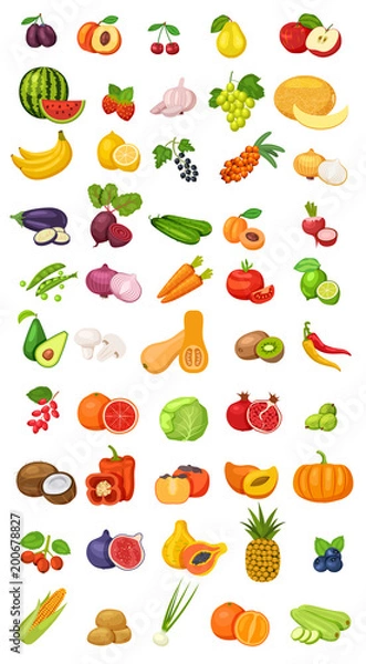 Fototapeta Vector berries, fruits and vegetables icon collection isolated on white. Flat cartoon illustration with natural and environmentally friendly tropical and exotic