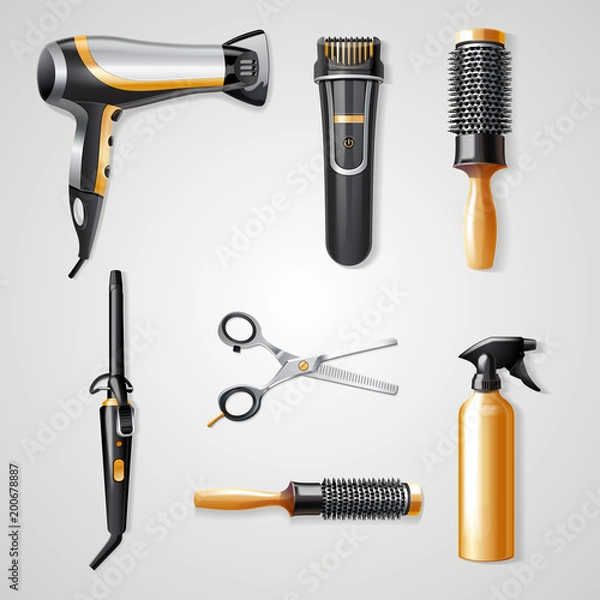 Obraz Set of hairdresser tools realistic 3d icons curling iron hairdryer and hair clipper vector illustration