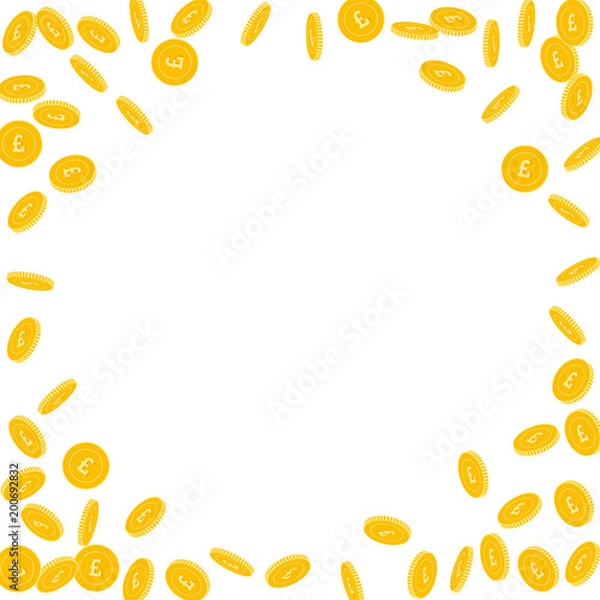 Fototapeta British pound coins falling. Scattered sparse GBP coins on white background. Graceful round random frame vector illustration. Jackpot or success concept.