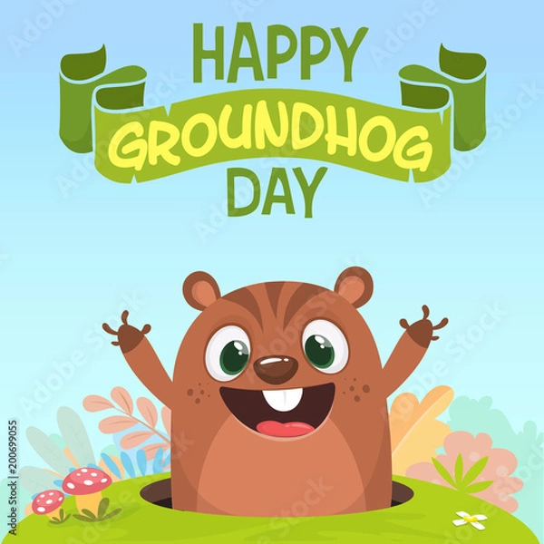 Fototapeta Cartoon groundhog marmot looking out of a burrow in a meadow with green grass background. Happy groundhog day. Vector illustration