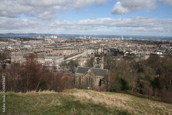 Fototapeta Views of downtown Edinburgh, Pentland Hills and the Firth of Forth from Calton Hill in Edinburgh, Scotland