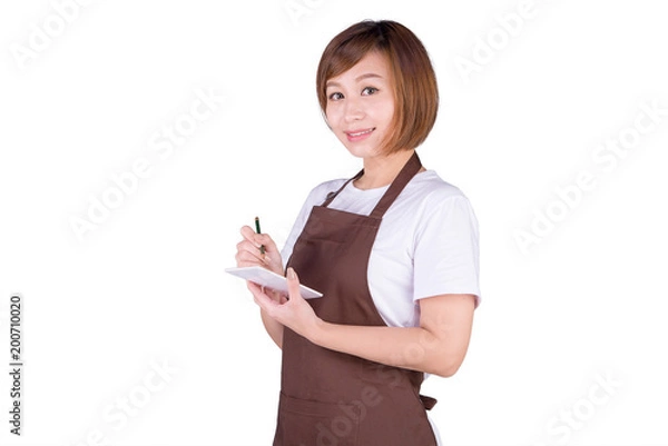 Obraz Asia waitress take order from customer in coffee shop, cafe owner writing drink order , Food and drink business concept, Service mind concept