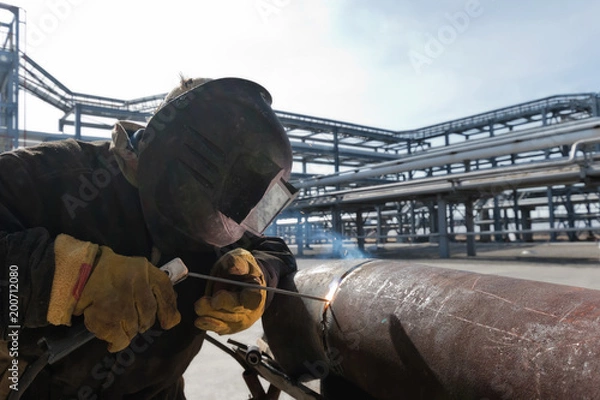 Fototapeta Welding works at installation of new pipeline on oil refining installation with use of manual arc welding