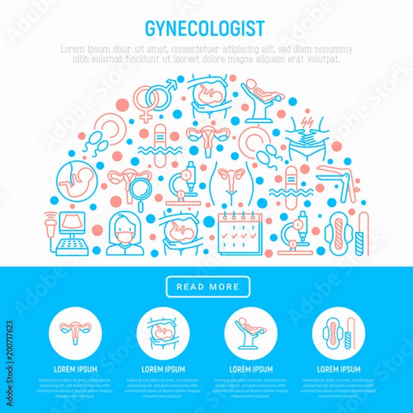 Fototapeta Gynecologist concept in half circle with thin line icons: uterus, ovaries, gynecological chair, pregnancy, ultrasound, sanitary napkin, embryo, ovulation Modern vector illustration, web page template.