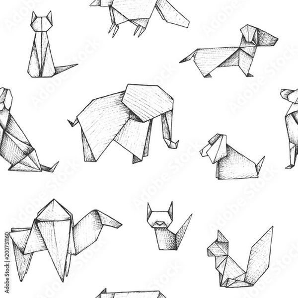 Obraz Origami - seamless pattern with gray graphic paper animals