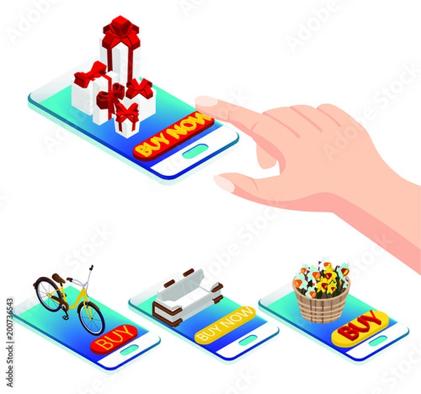 Fototapeta online purchase via smartphone. online store, buy flowers, buy furniture, buy bicycle, buy presents. Isometry 3d on a white background