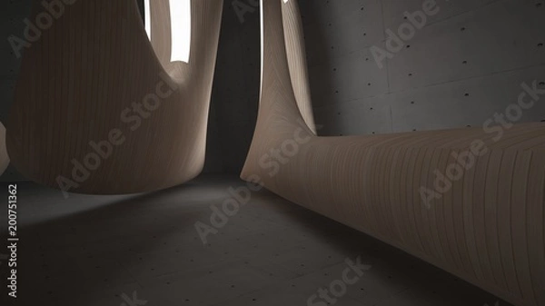 Fototapeta Empty dark abstract concrete and wood room smooth interior. Architectural background. Night view of the illuminated. 3D illustration and rendering