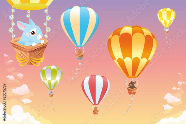 Fototapeta Hot air balloons in the sky with bunny. Cartoon and vector scene