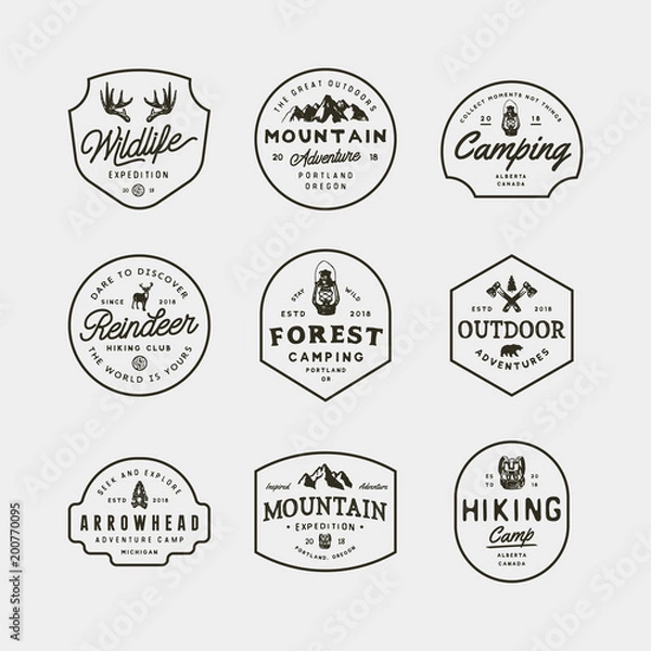 Fototapeta set of vintage wilderness logos. hand drawn retro styled outdoor adventure emblems. vector illustration