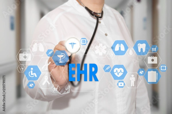 Fototapeta Electronic health record. EHR on the touch screen with medicine icons on the background blur Doctor in hospital.Innovation treatment, service, data analysis health. 