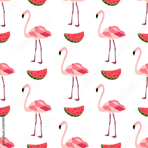 Fototapeta Seamless pattern with flamingos and watermelons