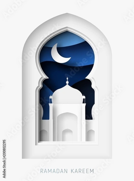 Obraz Ramadan Kareem 3d abstract paper cut illustration. Window with islamic mosque. moon and blue sky.