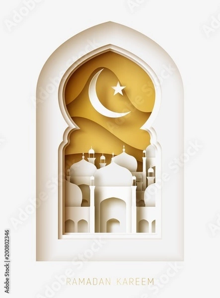 Obraz Ramadan Kareem 3d streszczenie ilustracji cięcia papieru. Okno z islamskim meczetem. księżyc i złote niebo.