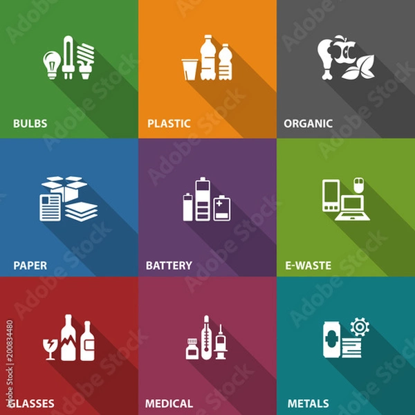 Fototapeta Garbage waste recycling icons on color, line symbols