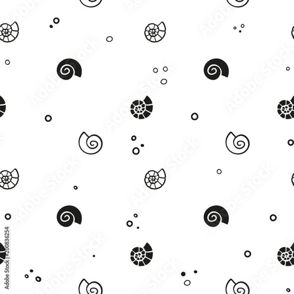 Fototapeta Vector abstract black and white repeatable pattern with seashells. Simple monochrome seamless backdrop