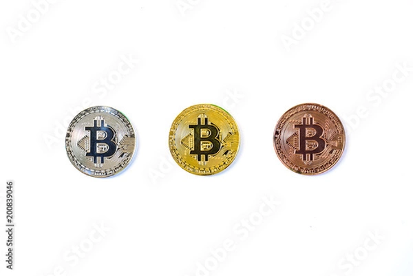 Fototapeta Gold, silver and bronze bit coin isolated on white background.