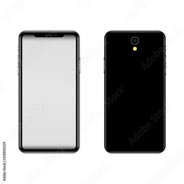 Fototapeta A modern model of a black smartphone. Face and back. Empty screen. Vector illustration for print, web, games and applications.
