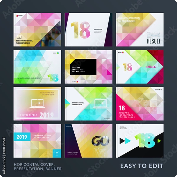 Fototapeta Presentation. Abstract vector set of modern horizontal templates with colourful polygonal shapes