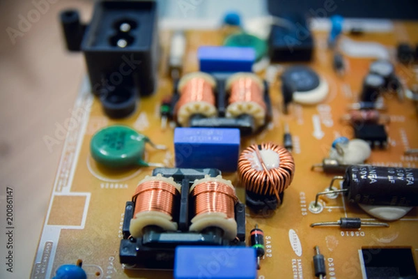 Fototapeta Circuit board. Electronic computer hardware technology. Motherboard digital chip. Tech science background. Integrated communication processor. Information engineering component.