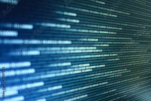 Obraz blue led display screen showing one and zero number binary code data. internet information transfers concept background for technology advancement work.