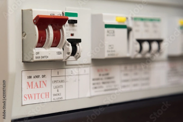 Fototapeta Close up of a MCB (Micro Circuit Breaker) on a UK domestic electrical consumer unit or fuse box