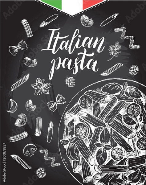Obraz Penne pasta with cherry tomatoes and basil. Dish of Italian cuisine. Ink hand drawn background with brush calligraphy style lettering. Vector illustration. Top view. Food elements, chalkboard style.
