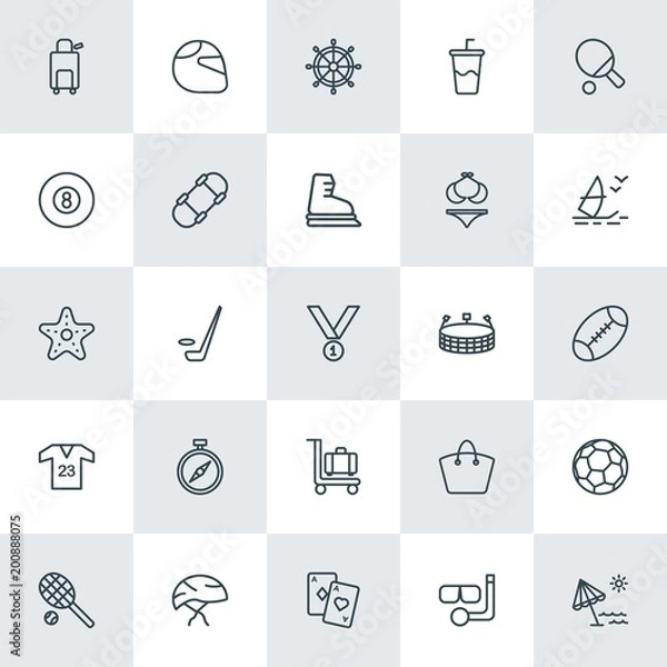 Fototapeta Modern Simple Set of sports, travel Vector outline Icons. ..Contains such Icons as  deck,  helmet,  sport,  scuba,  bicycle,  court,  rink and more on white background. Fully Editable. Pixel Perfect.