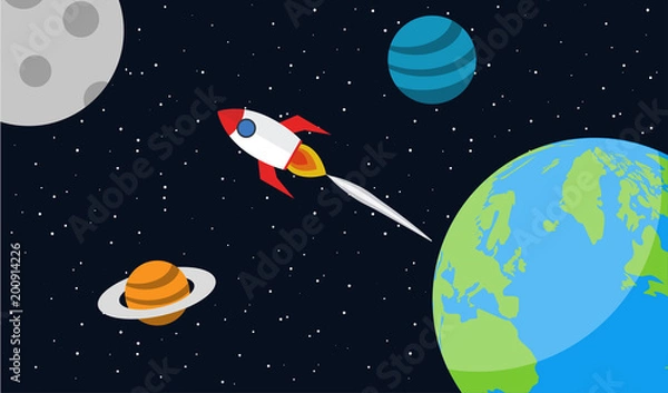Obraz Start space rocket ship. Earth planet. Flat vector illystration.