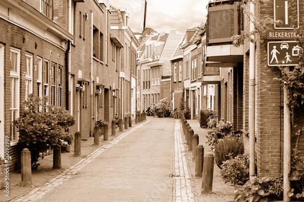 Obraz Widok na małą, przytulną boczną uliczkę w Haarlem w pochmurny wiosenny dzień