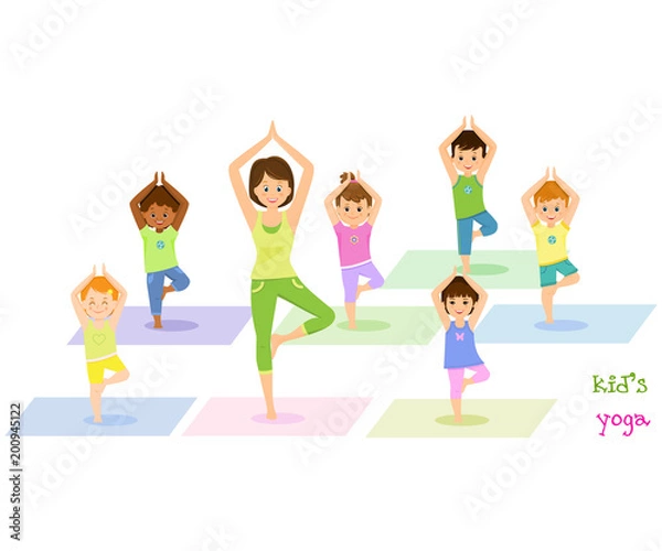 Fototapeta Children do yoga with a yoga instructor.Isolated on white background. Vector illusrtation