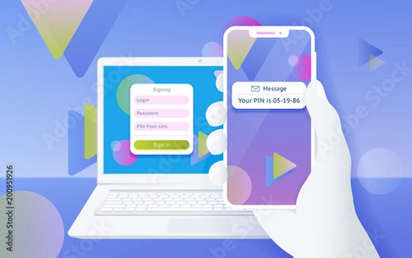 Fototapeta Hasło SMS z kodem uwierzytelniania wieloskładnikowego (MFA). Mężczyzna siedzący przy pulpicie i uzyskujący dostęp do serwisu w weryfikacji dwuetapowej. Koncepcja projektu z banera internetowego i reklamy. Ilustracji wektorowych