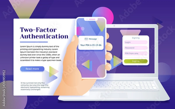 Fototapeta Multi-factor authentication (MFA) SMS code password. Man sits in front of the laptop with phone and getting access to the website two step verification. Design concept from web banner and advertising.
