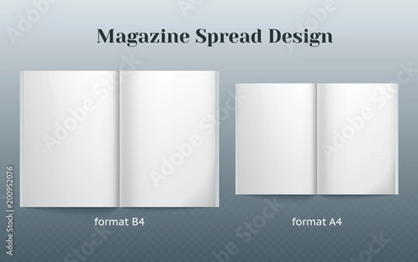 Obraz Double page spread magazine design. Two isolated templates of the B4 and A4 format. double page vector mockup on gray background. Vector image