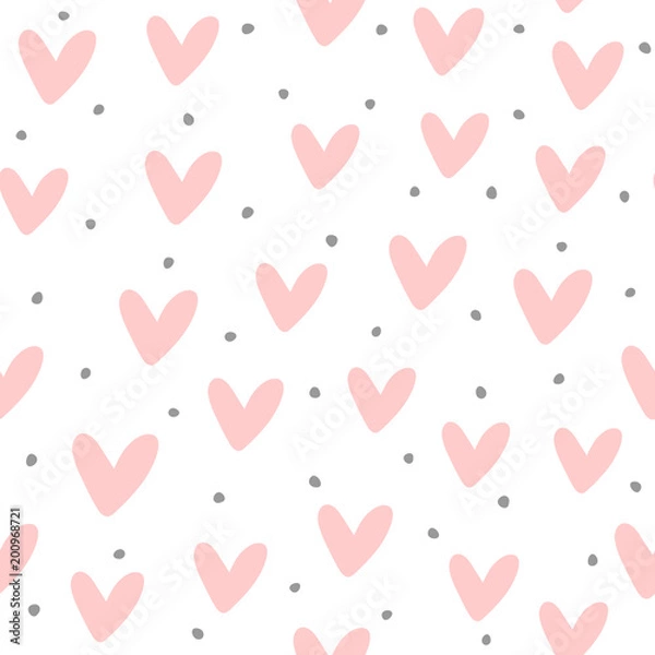 Obraz Cute seamless pattern with repeating hearts and round dots drawn by hand. Endless girlish print.