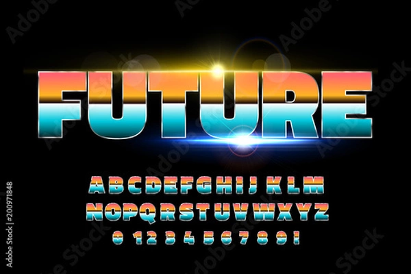 Fototapeta Shiny Chrome alphabet retro font. Sci-fi 80s future style.
