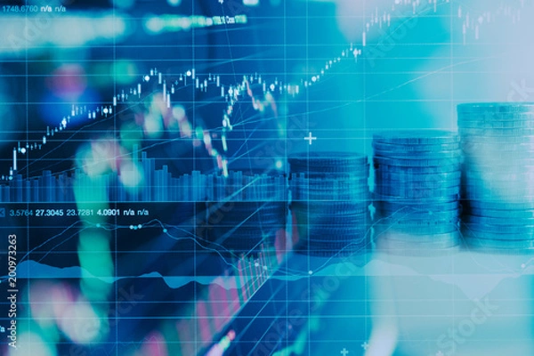 Obraz Business financial concept with double exposure of candle stick graph chart of stock market investment trading. Financial chart with up trend line graph.