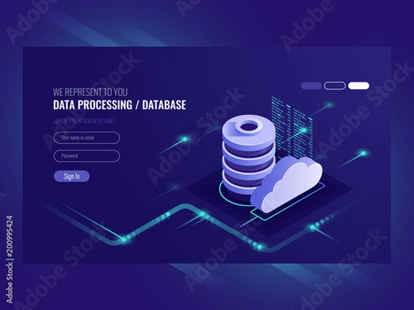 Obraz Big data flow processing concept, cloud database, isometric vector, web hosting and server room icons ultraviolet